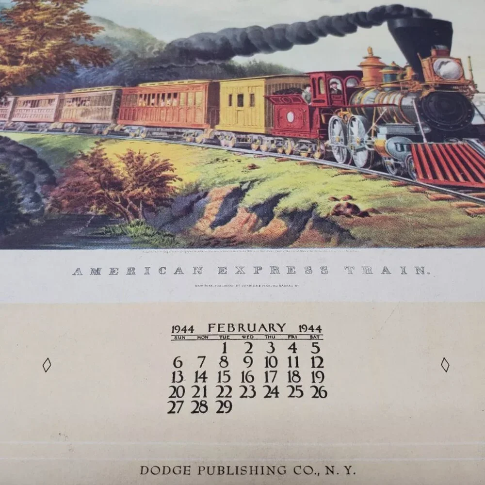 2 VTG 1944 Currier & Ives Calendars Home To Thanksgiving, American Express Train